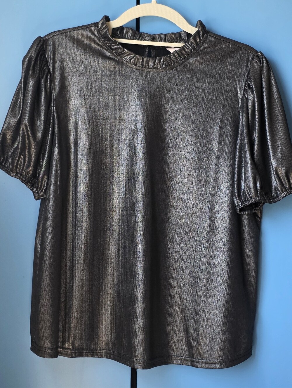 NWT Metallic Black Puff Sleeve Women's Top - Shimmery Evening Blouse | Size M